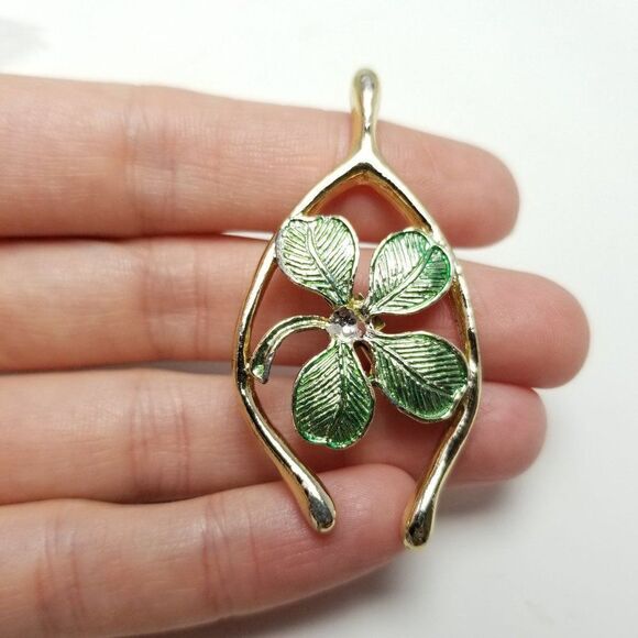 Vintage Gerry's Four Leaf Clover Wishbone Brooch, Green and Gold Tone, Good Luck - Picture 6 of 7